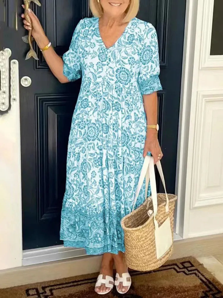 Basic Casual Dresses Boho Print Dress Women Summer Long Dress Female Fashion V Neck Half Sleeve Dress Ladies Loose Oversized Beach Party Dress 230608