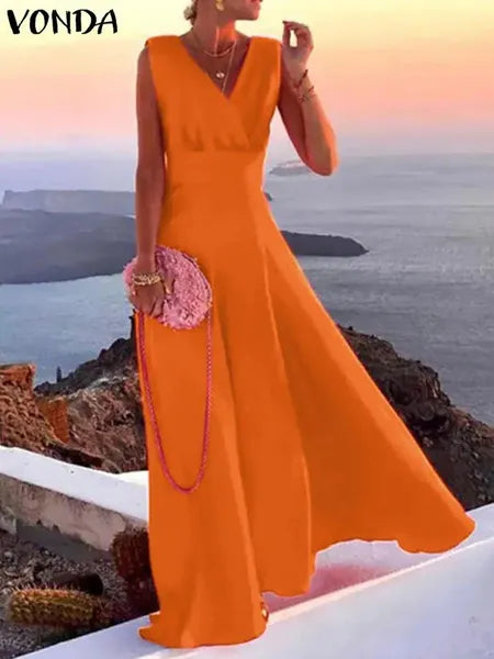 Casual Dresses Summer VONDA Oversized Women Maxi Long Dress 2024 Sexy Deep V-Neck Solid Color Sundress Sleeveless Satin Robe