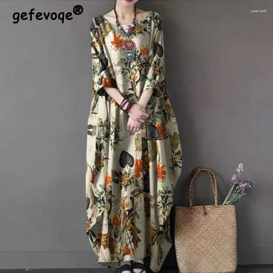 Casual Dresses Vintage Floral Printed Ethnic Style Cotton Linen Oversized Maxi Dress Women Irregular Half Sleeve Streetwear Robe