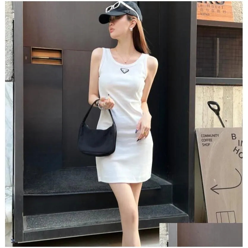 Basic Casual Dresses P-Ra Designer Womens Summer Fashion Brands Tops Tank Dress Knitted Cotton U Neck Sleeveless Solid Sexy Elasti Dhvvp