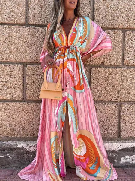 Basic Casual Dresses Summer Print Casual Women Dresses Oversized Holiday Beach Dress Boho Long Cover-Up Dress Female Long Sleeve Loose Tunic Dress 230818