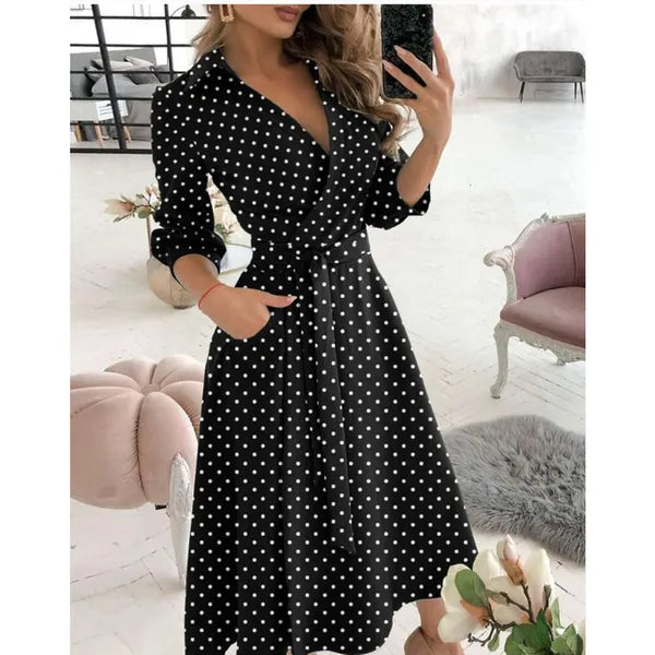 Designer Maxi Dresses For Women V Neck Long Shirt Chain Print Lapel Neck Party Dress Casual Long Sleeve Oversized Spring And Summer Ladies Full Length Skirt