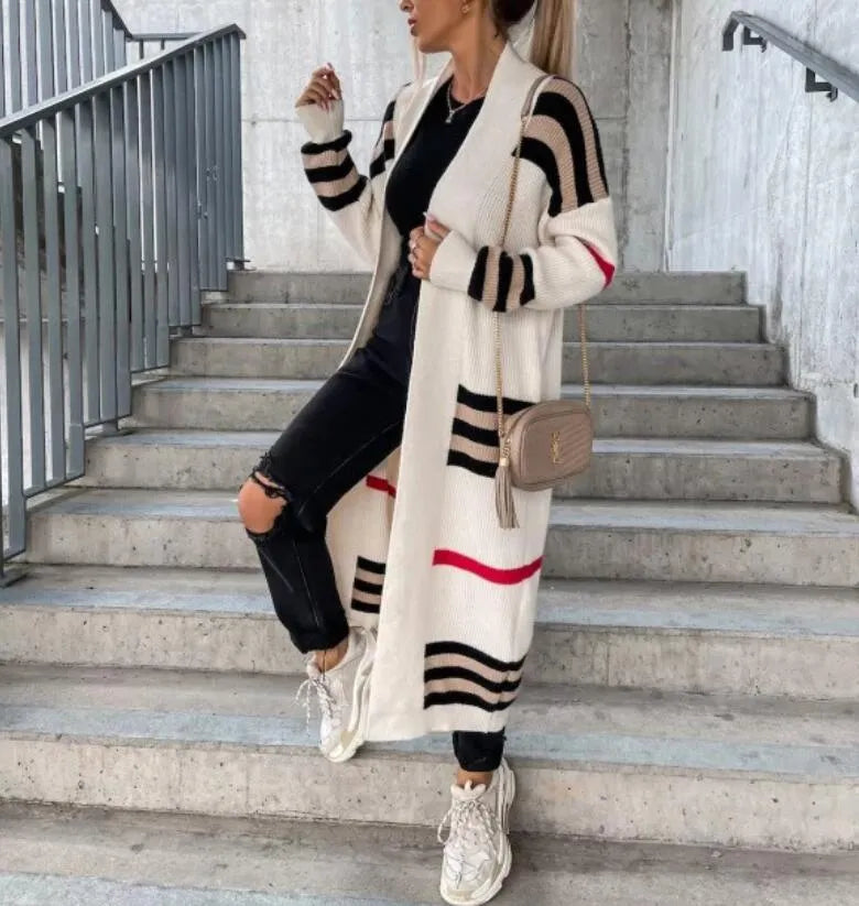 Autumn Winter Women's Sweaters Knitted Cardigan Women Striped Patchwork 2023 Elegant Loose Long Outerwear Sweater Coat Soft Jacket