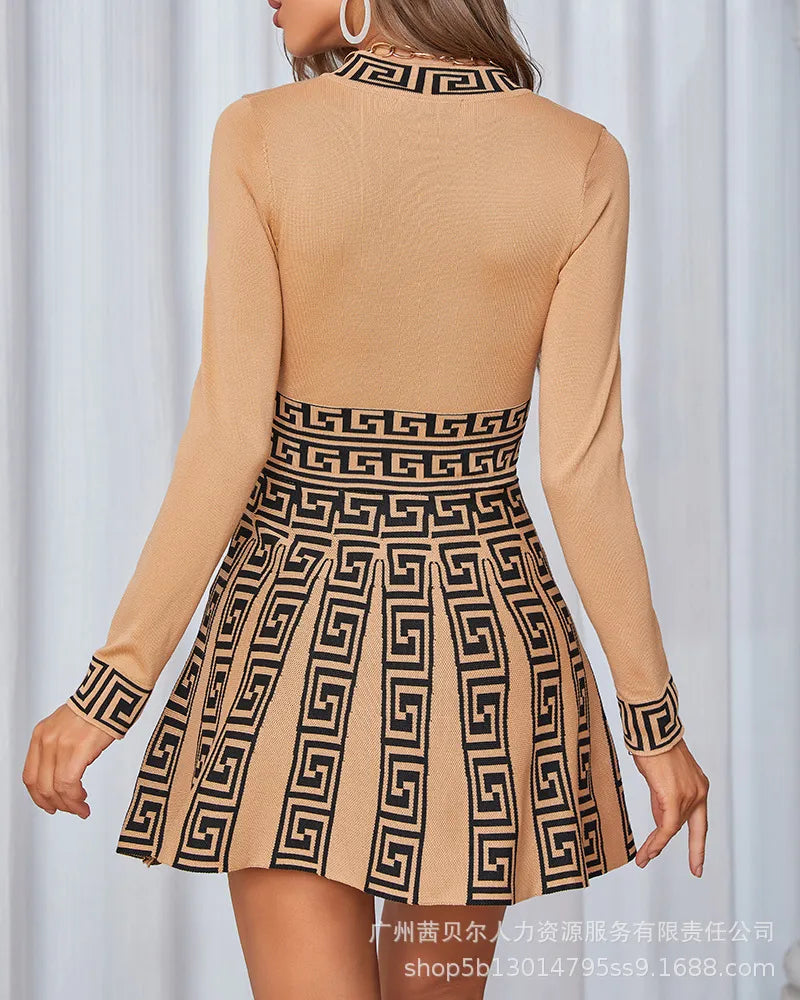 Basic Casual Dresses Geometric Print Long Sleeve Work Dress Women High Waist Spring Summer O Neck Fashion Mini 230817