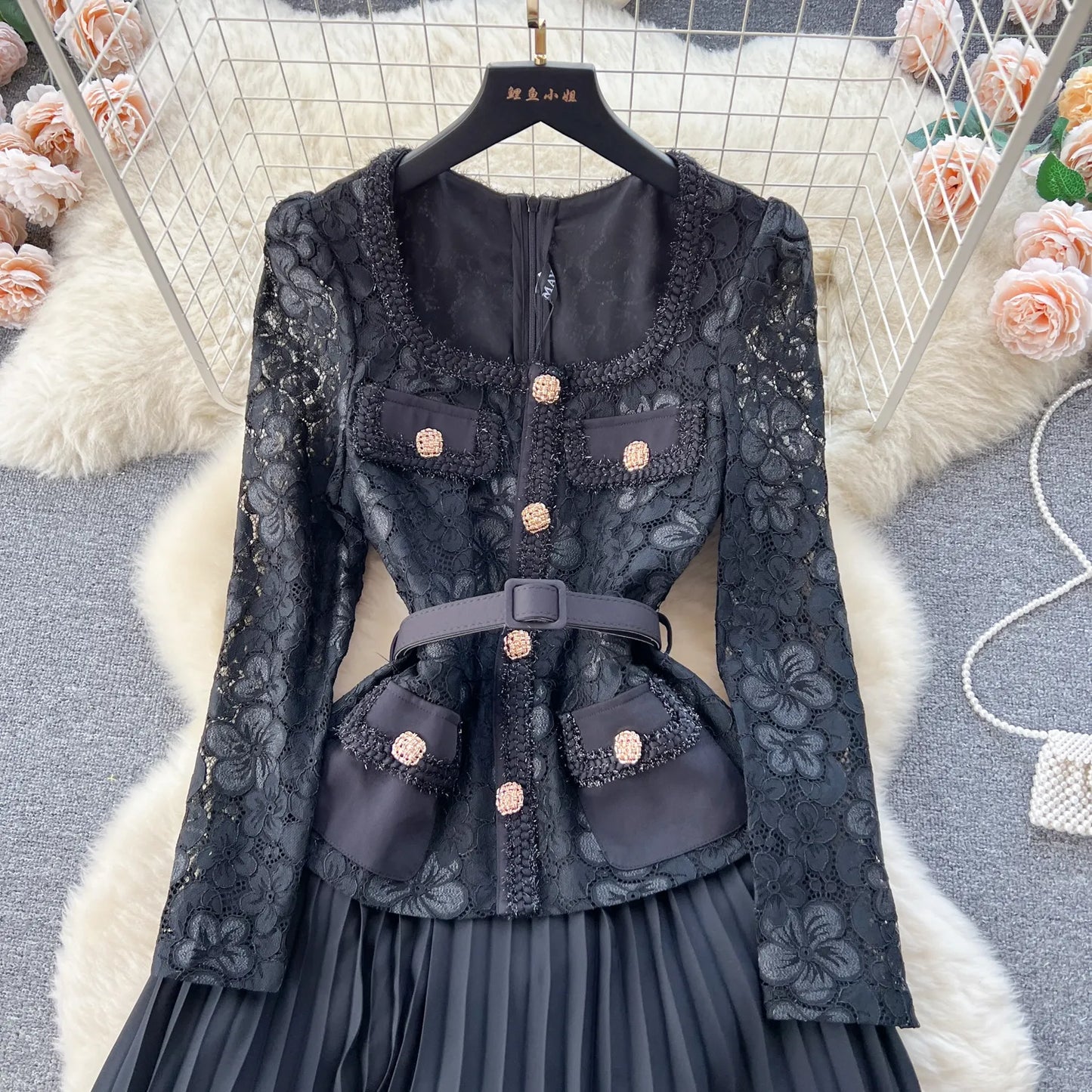 Basic Casual Dresses Luxury Embroidery Hollow Out Lace Dress For Women Autumn Runway Long Sleeve Belt Holiday Party Pleated Vestidos Robes 2024