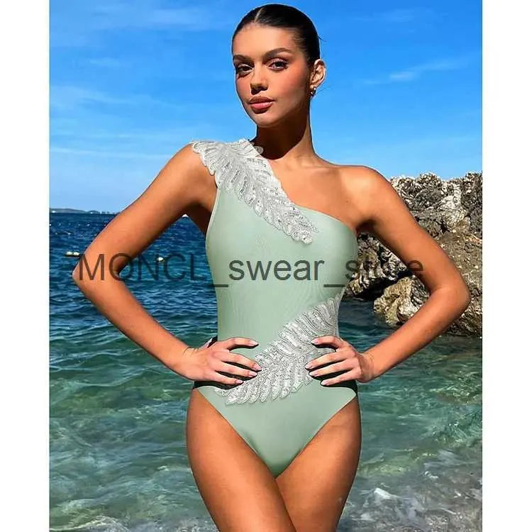 Women's Swimwear 2024 new womens swimsuit sequin leaf embroidery one piece Salon two-piece beach suit bikini H240507