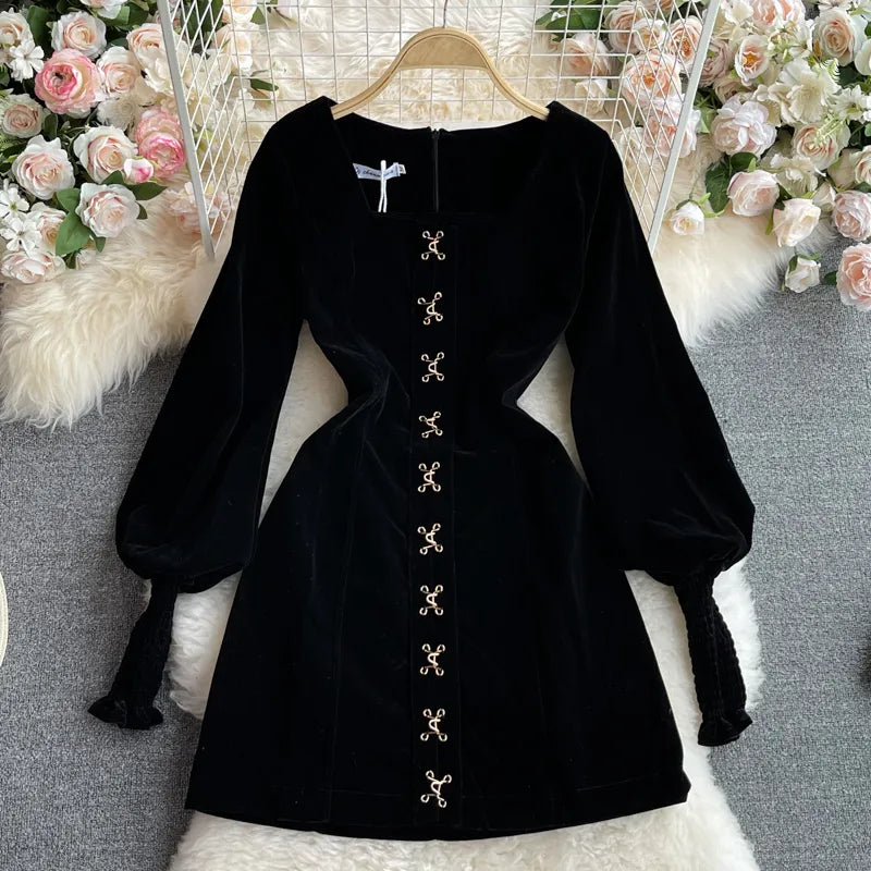 Vintage Black Dress for Women Elegant Lantren Sleeve Square Neck Party Dresses Korean Fashion Woman Clothes Vestidos 2023