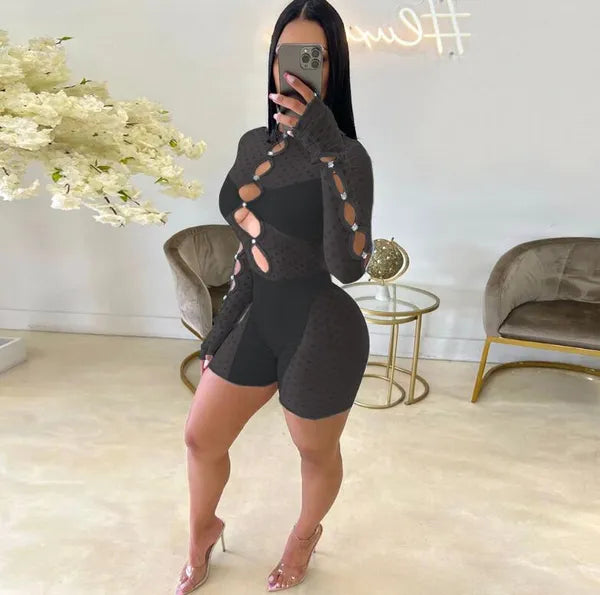 Women's Sexy Hollow Out Long Sleeve Jumpsuit Women Romper Club Hole See Through Mesh Ladies Playsuits Slim Stitching Shorts