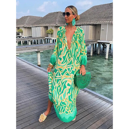 Casual Dresses Women Vintage Maxi Dresses Summer Sexy Deep VNeck Long Sleeve Boho Print Long Dresses Female Beach Cover Up Elegant Robe