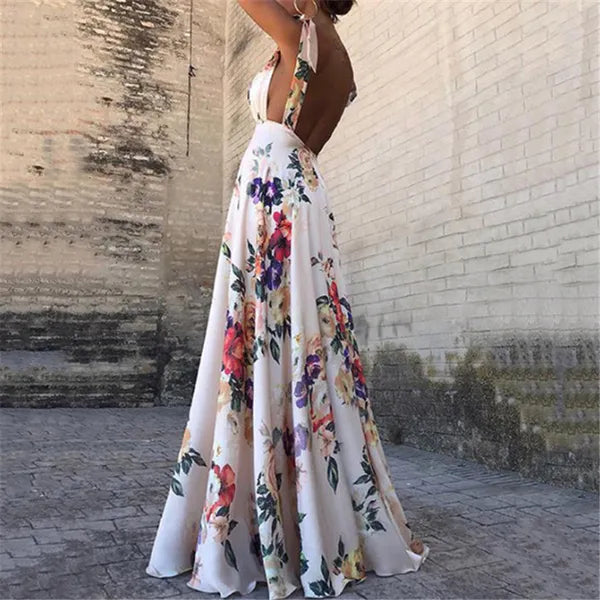 Casual Dresses Floral Print Dresses Women Summer Sleeveless V-Neck Backless Vintage Long Boho Party Cocktail Casual Loose Beach Pink Dress