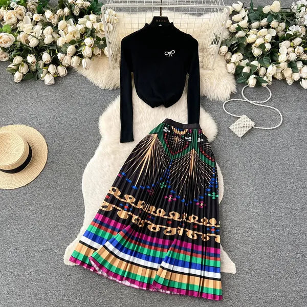 Two Piece Dress Runway Designer Pullover Knitted Black Tops and Long Pleated Skirt Suit Autumn Women Two Piece Sets Elegant Casual Party Outfit 2024