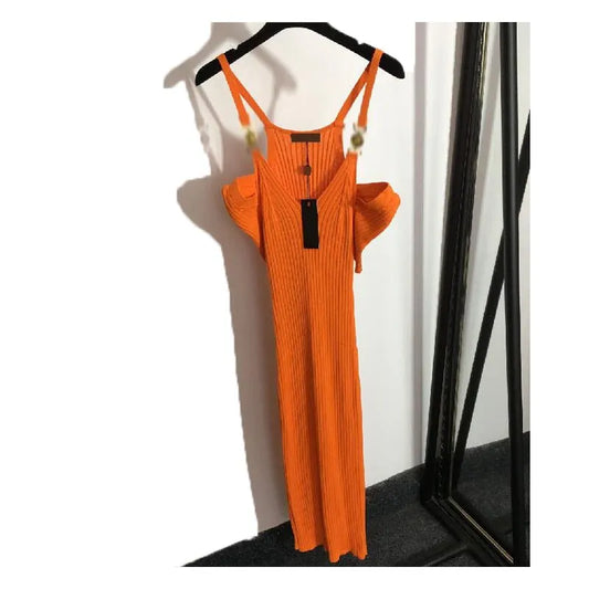 23SS Fashion Dress Sleeveless Suit Knit Style Dress Pocket Waistband Design Ball Robe Slim Midi Long Fit Summer Dresss Multiple types orange solid color