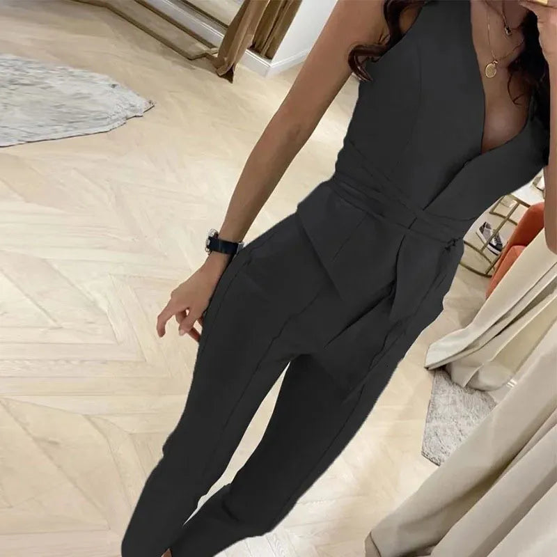 Womens Two Piece Pants Summer Bandage Office Commute 2 Pieces Sets Women European Style Vneck Sleeveless Vest Sexy High Waist Pencil 230222