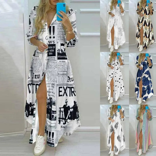 Casual Dresses 2022 Long Shirt Dress Women Single Breasted Button Lapel Sleeve Spring Summer Letter Print Oversized Robe