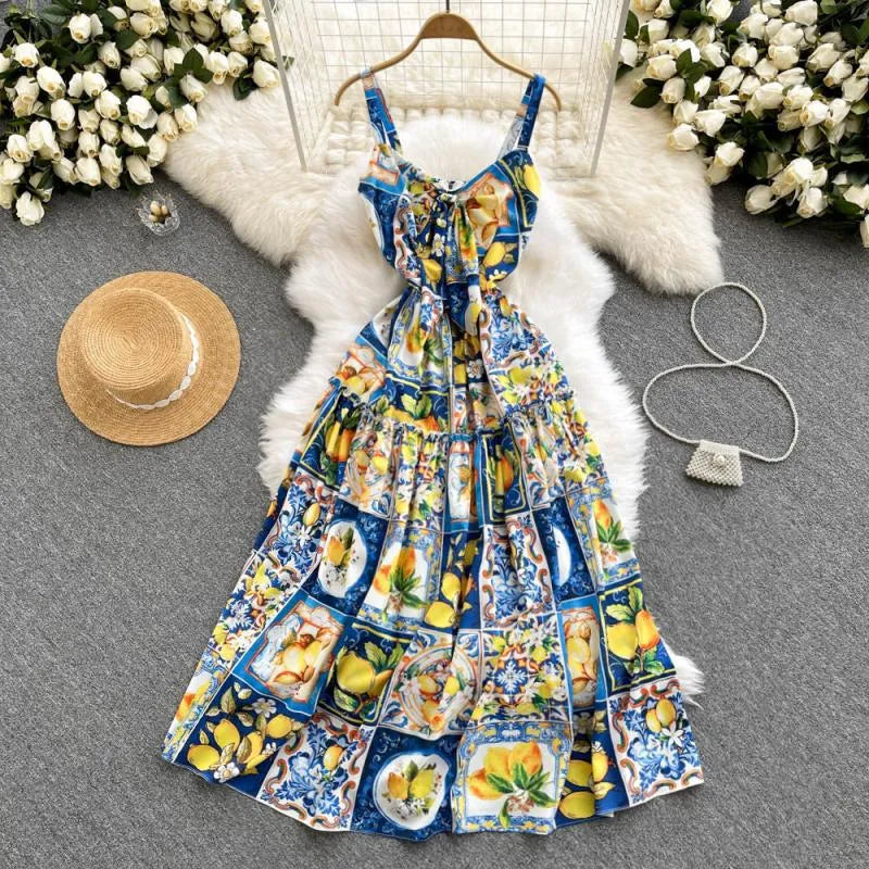 Summer Casual Dresses women 2024 Fashion Bohemian Long Dresses Vacation Elegant sexy Strap Lemon print plus size