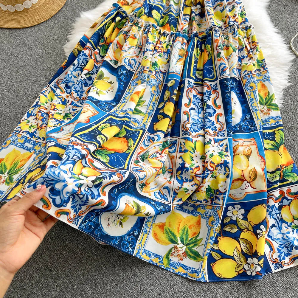 Summer Casual Dresses women 2024 Fashion Bohemian Long Dresses Vacation Elegant sexy Strap Lemon print plus size