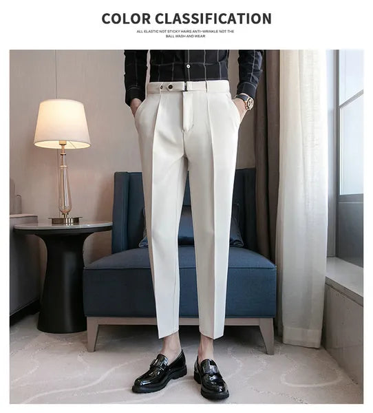 9 Part Pants For Men Pleated Pants Korean Fashion Ankle Length Streetwear Casual Pant Men's Formal Trousers Slacks Chinos New Brand