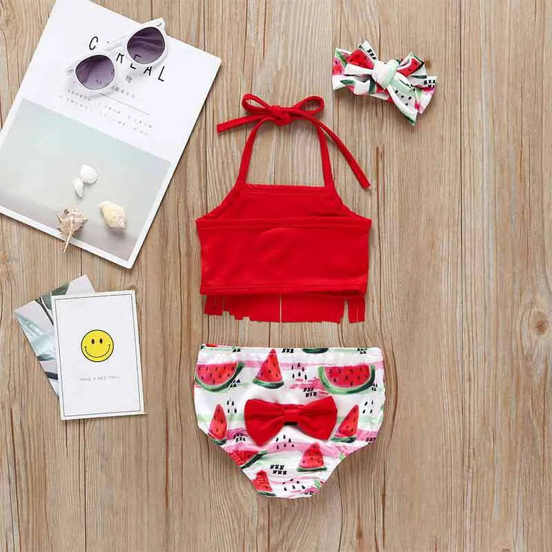 Baby Swim Swimsuit Two-Pieces Tassel Hanging Neck Kids Swimsuits Watermelon Pineapple Print Baby Girls Swimware Headband 3 Piece Set