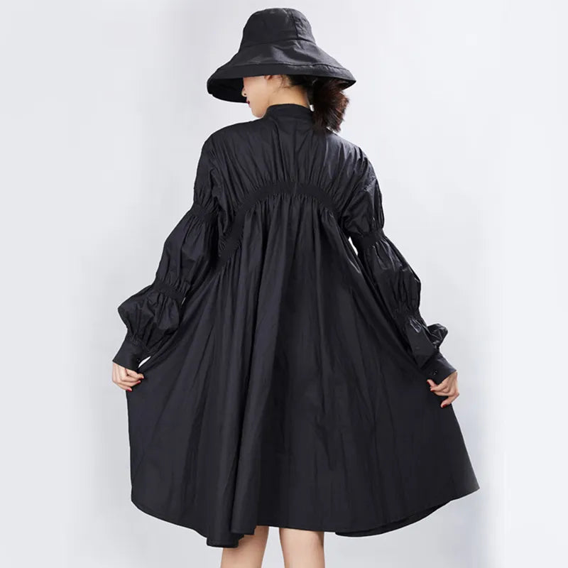 [EAM] Women Big Size Oversize Pleated Dress Stand Neck Long Lantern Sleeve Loose Fit Fashion Spring Autumn 1A331 21512