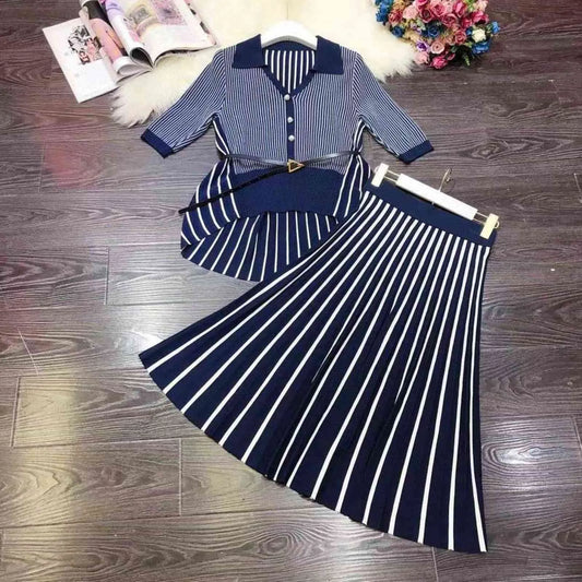 Autumn Winter Brand Fashion Women Knitted Two Piece Set Designer Asymmetric Striped Sweater Cardigan + Skirt Suits Outfits 211119