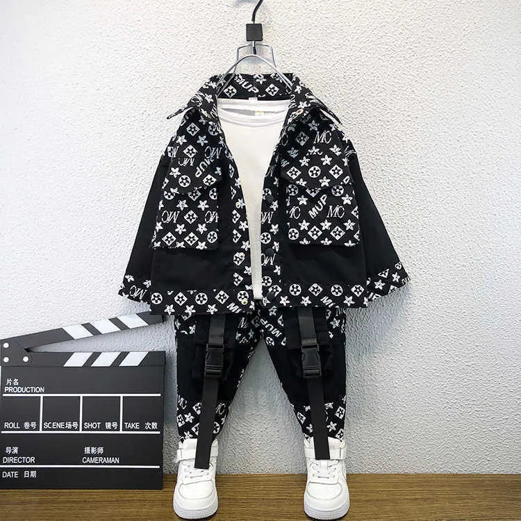 Baby Kids Boy's Cool Shirt Coat Jacket + Dungarees Pants Set Students Children's with Knee Pocket Two piece Outfits Sportswear