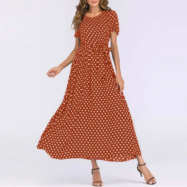 Plus Size Dress Women Summer Short Sleeve Polka Dot Print Boho Beach Dresses Belted Ladies Tunic Loose Oversized Maxi Long Dress 210302