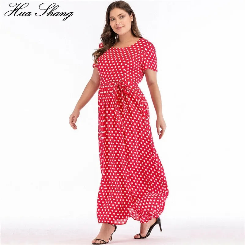 Plus Size Dress Women Summer Short Sleeve Polka Dot Print Boho Beach Dresses Belted Ladies Tunic Loose Oversized Maxi Long Dress 210302