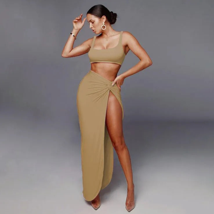 24ss designer Two Piece Dress Women Long Skirts Two Piece Set Skirt Woman High Split Sexy Dress Suits Cropped Dresses 2 Pieces Clothes Party Clothing Sets