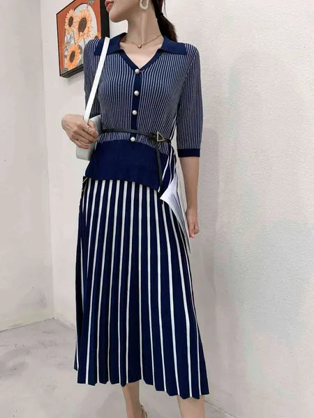 Autumn Winter Brand Fashion Women Knitted Two Piece Set Designer Asymmetric Striped Sweater Cardigan + Skirt Suits Outfits 211119