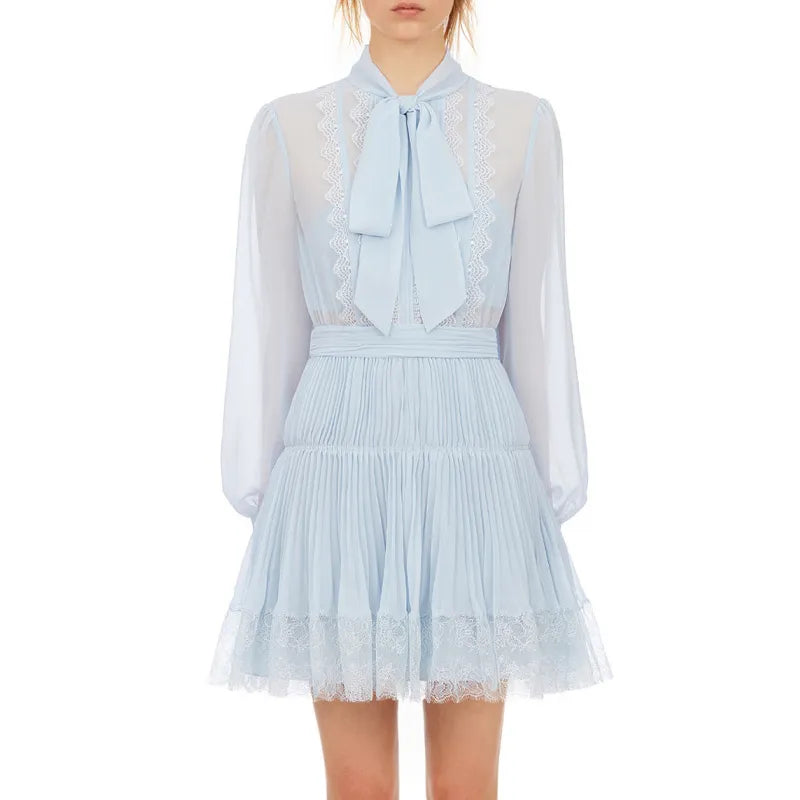 Elegant Pale Blue Chiffon Lace Trimmed Women Long Sleeve Bowknot Collar Pleated Dress Female High Waist Party Dresses 210416