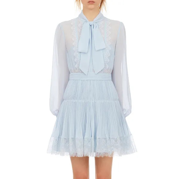 Elegant Pale Blue Chiffon Lace Trimmed Women Long Sleeve Bowknot Collar Pleated Dress Female High Waist Party Dresses 210416