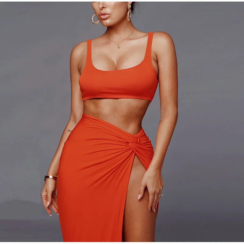 24ss designer Two Piece Dress Women Long Skirts Two Piece Set Skirt Woman High Split Sexy Dress Suits Cropped Dresses 2 Pieces Clothes Party Clothing Sets