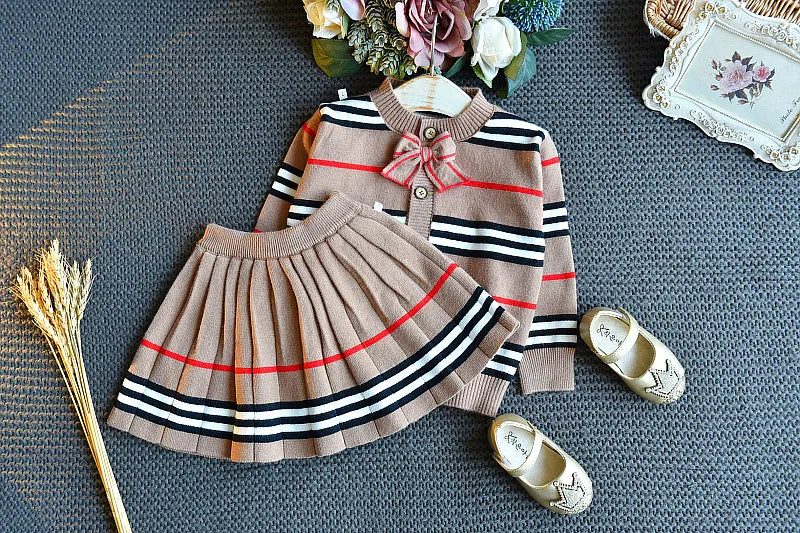 Baby Girls Winter Clothes Set Girl Sweater Striped Pleated Skirt Two-piece Suit 3-7 Years Kids Clothing