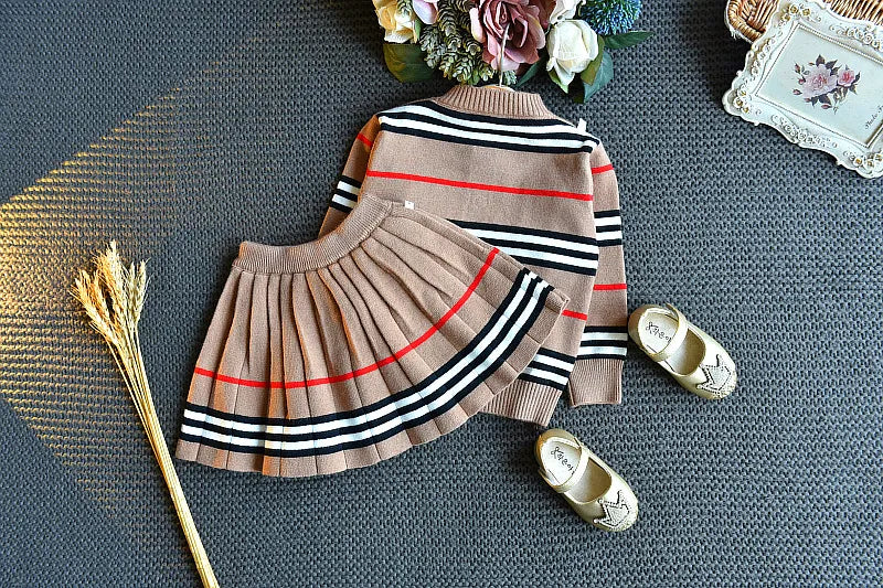 Baby Girls Winter Clothes Set Girl Sweater Striped Pleated Skirt Two-piece Suit 3-7 Years Kids Clothing