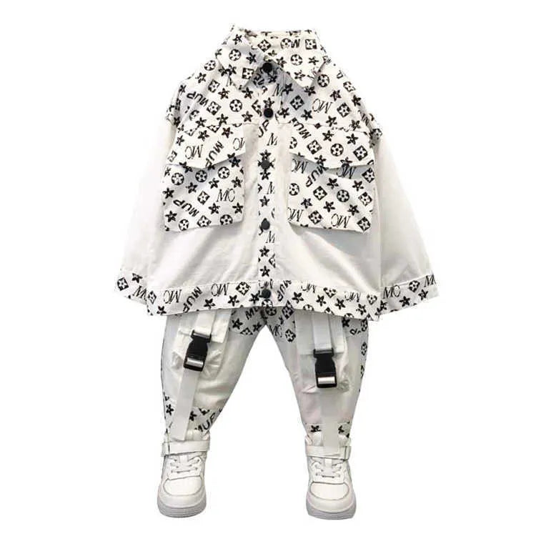 Baby Kids Boy's Cool Shirt Coat Jacket + Dungarees Pants Set Students Children's with Knee Pocket Two piece Outfits Sportswear