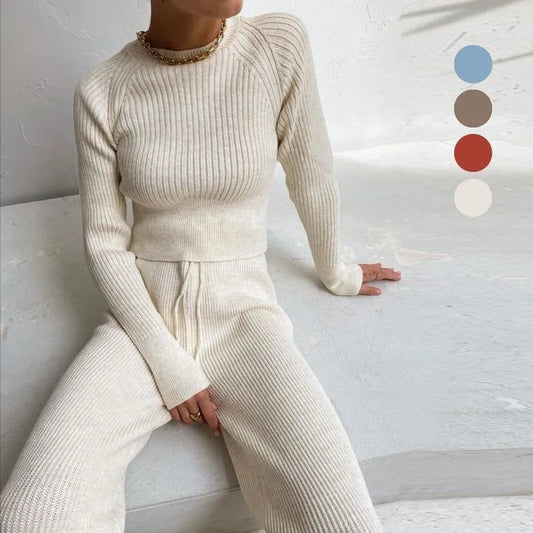 Women's Tracksuits Sweater Suits Women Solid Color Slim Pullovers Wide Leg Pants Two Piece Set Female Winter Outfits Knitted Sets For Office