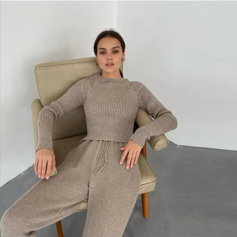 Women's Tracksuits Sweater Suits Women Solid Color Slim Pullovers Wide Leg Pants Two Piece Set Female Winter Outfits Knitted Sets For Office