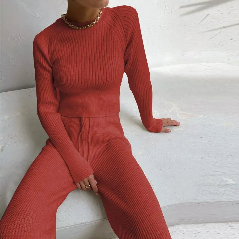 Women's Tracksuits Sweater Suits Women Solid Color Slim Pullovers Wide Leg Pants Two Piece Set Female Winter Outfits Knitted Sets For Office