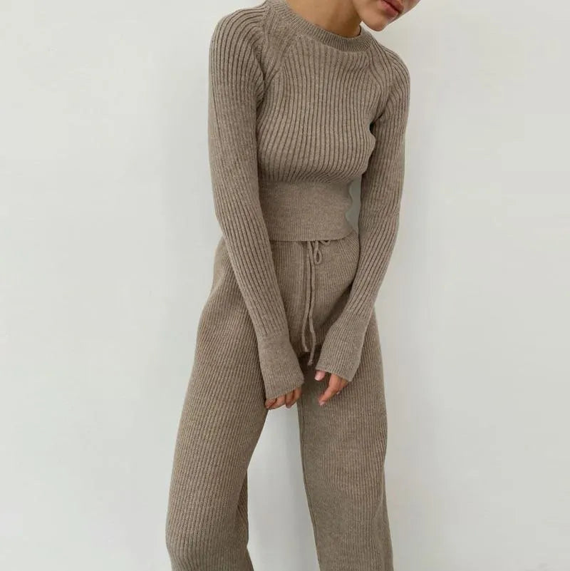 Women's Tracksuits Sweater Suits Women Solid Color Slim Pullovers Wide Leg Pants Two Piece Set Female Winter Outfits Knitted Sets For Office