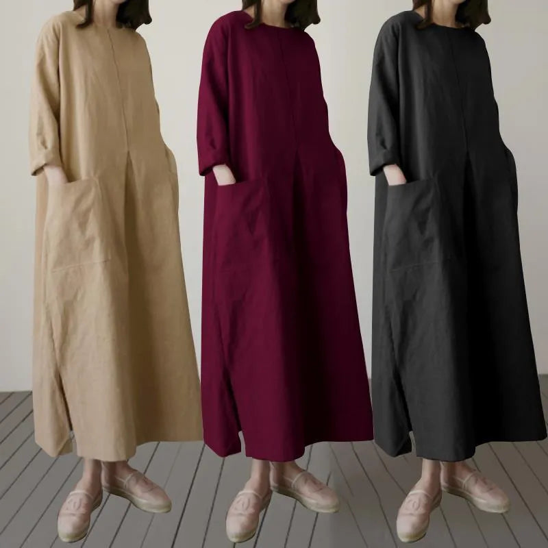 5xl Plus Size Women Cotton Linen Dress Round Neck Long Sleeve Mid-calf Length Oversized Dresses Large Size Loose Pockets Dress1