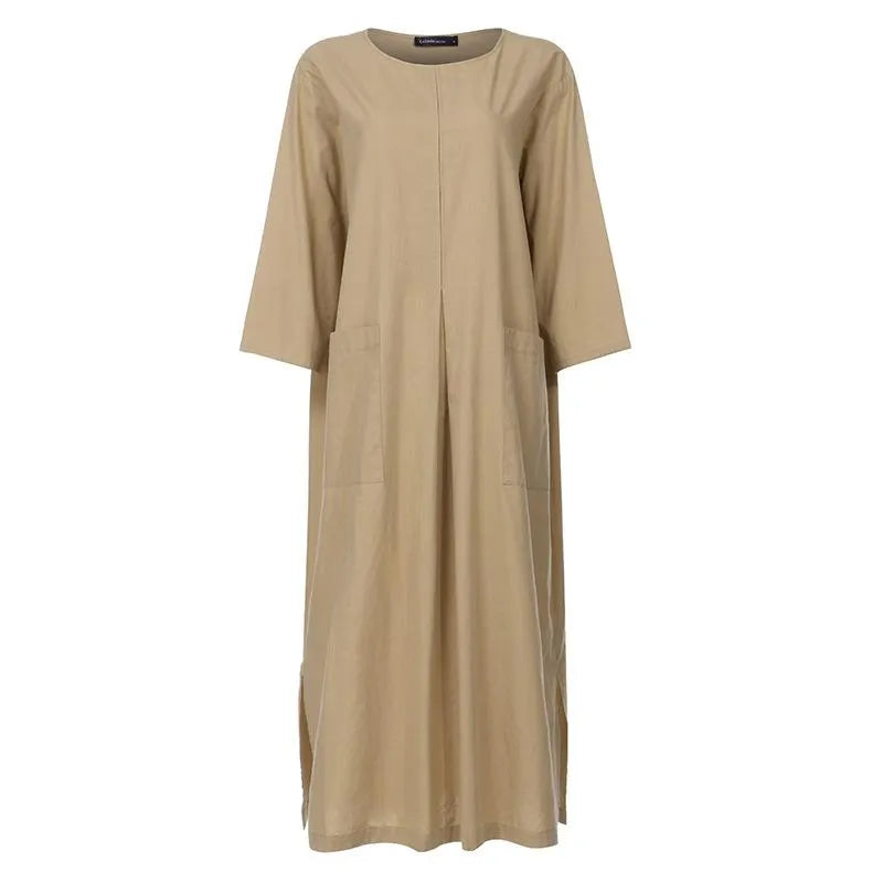 5xl Plus Size Women Cotton Linen Dress Round Neck Long Sleeve Mid-calf Length Oversized Dresses Large Size Loose Pockets Dress1