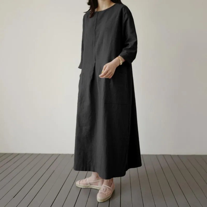 5xl Plus Size Women Cotton Linen Dress Round Neck Long Sleeve Mid-calf Length Oversized Dresses Large Size Loose Pockets Dress1