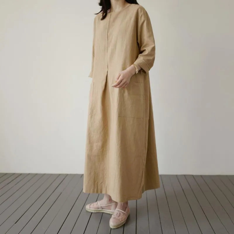 5xl Plus Size Women Cotton Linen Dress Round Neck Long Sleeve Mid-calf Length Oversized Dresses Large Size Loose Pockets Dress1