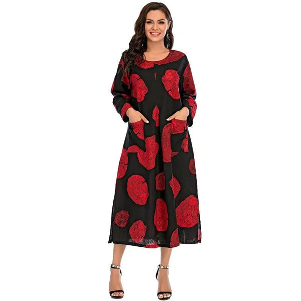 5xl Plus Size Women Cotton Linen Dress Round Neck Long Sleeve Mid-calf Length Oversized Dresses Large Size Loose Pockets Dress1