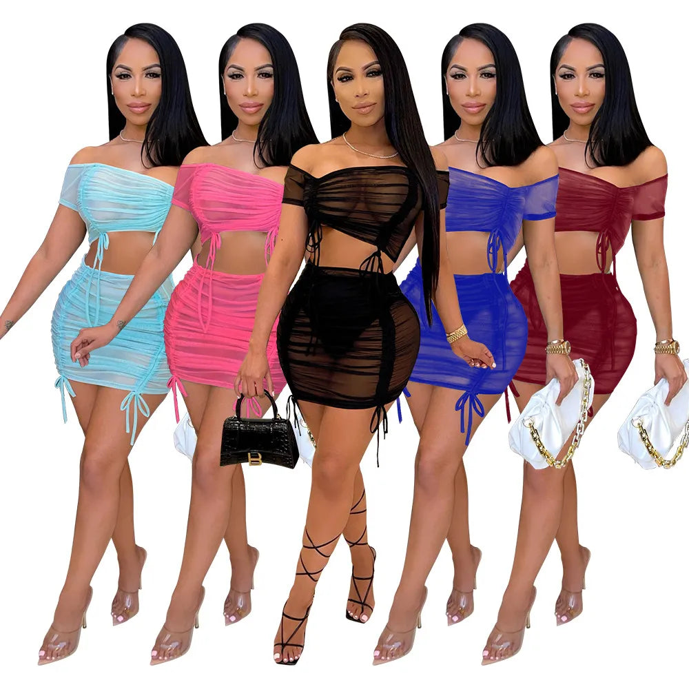 Designer Mesh Crop Top Slim Short Skirt Tracksuits Fashion Wrinkled Outfits For Ladies Summer Sexy 2022 Skirts Two Piece Sets Women