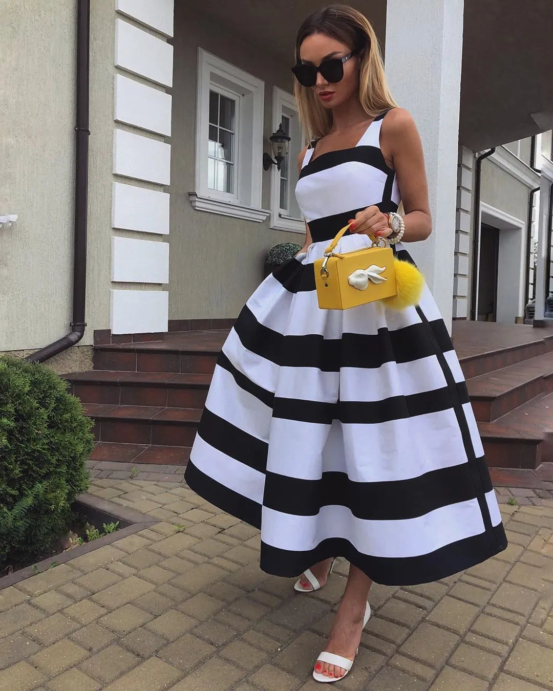 Casual Dresses Women Elegant Off Shoulder Long Party Dress Summer Striped Print Sleeveless Fashion Chic A-Line Suspender Beach