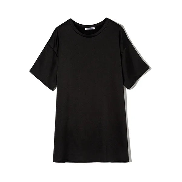 WOTWOY Oversized Satin T shirt Dress Women Summer Short Sleeve Silk Mini Dresses Female Black White Sexy Tops Robe Femme 220613