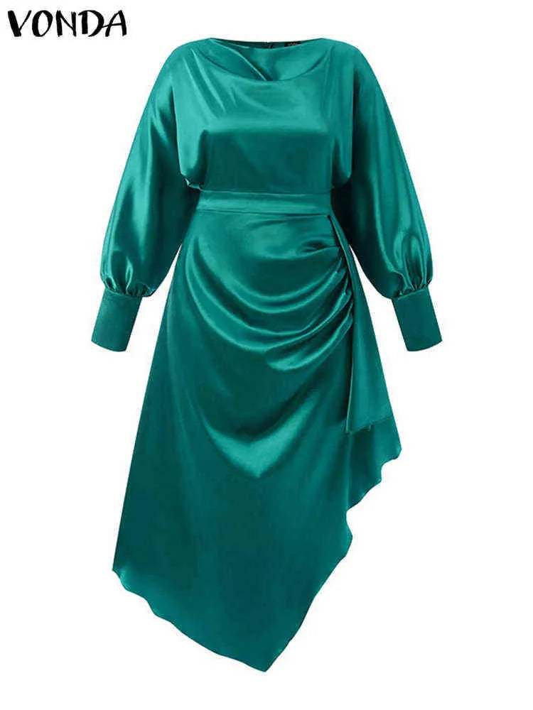 Party Satin Slik Robes VONDA Women 2022 Casual O Neck Long Lantern Sleeve Solid Mid-Calf Dresses Lady Oversize Holiday Sundress Y220418