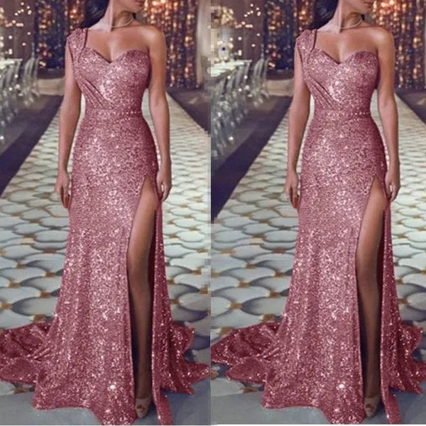 Casual Dresses Summer Sexy One Shoulder Party Dress Women Sleeveless High Slit Shiny Gowns Vestidos De Mujer Sequin Floor-Length Evening