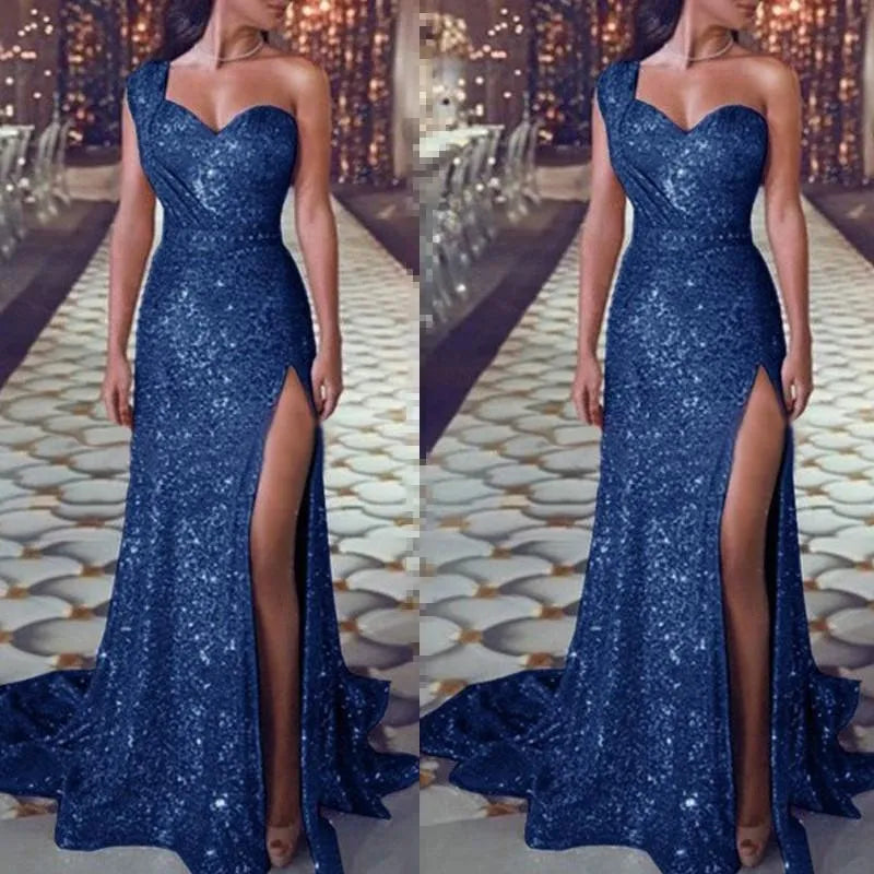 Casual Dresses Summer Sexy One Shoulder Party Dress Women Sleeveless High Slit Shiny Gowns Vestidos De Mujer Sequin Floor-Length Evening